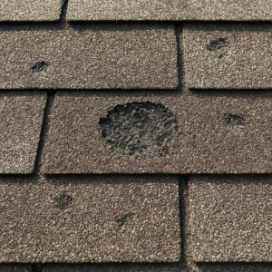 Close-up image of hail damage on asphalt roof shingles showing granule loss and bruising from severe storm impact