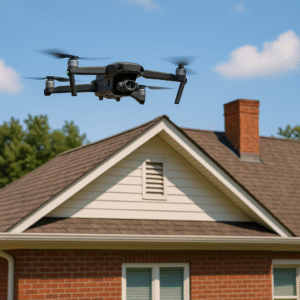 Drone performing a roof inspection over a Georgia home with brown shingles and red brick chimney