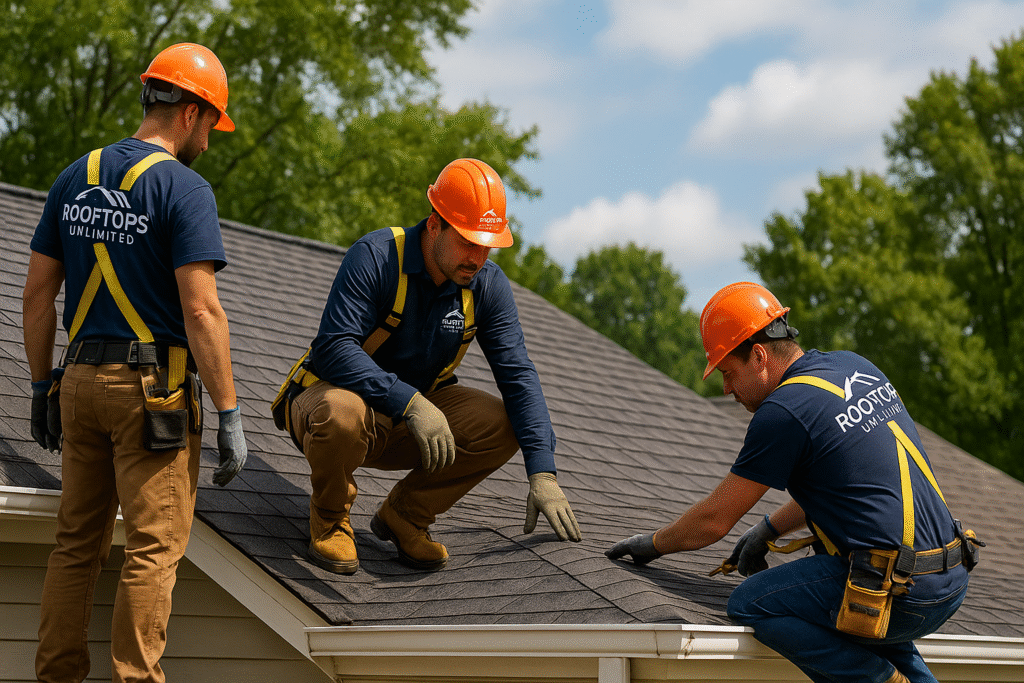 Professional roofers from Rooftops Unlimited inspecting a residential asphalt shingle roof in Atlanta under partly cloudy skies.