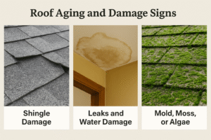 Close-up images of curling shingles, ceiling water stains, and moss-covered roof showing signs of roof aging and damage.